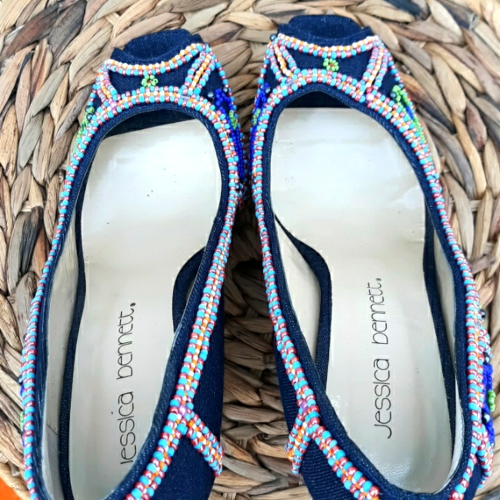 EUC JESSICA BENNETT JKIRABU DENIM & BEADED HEELS - Picture 8 of 10